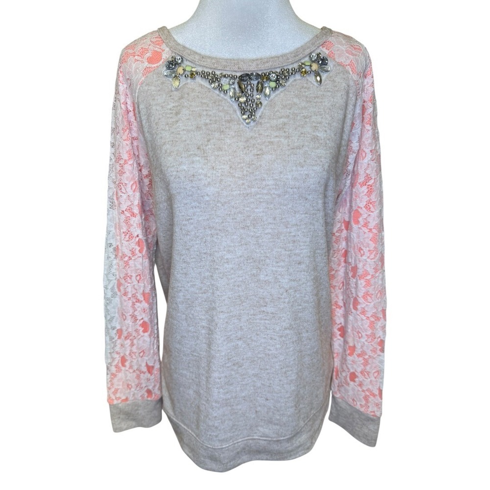 Miss Me‎ Womens Lace Sleeve Embellished Knit Sweater Oatmeal Coral MDT250 Large